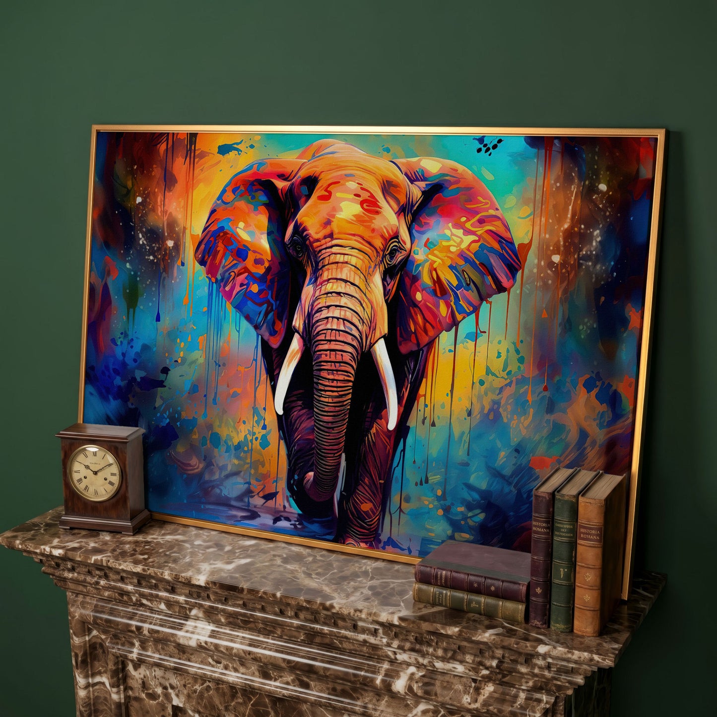 Colorful Elephant Canvas Print with Vibrant Graffiti Style in antique gold floating frame