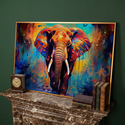 Colorful Elephant Canvas Print with Vibrant Graffiti Style in antique gold floating frame