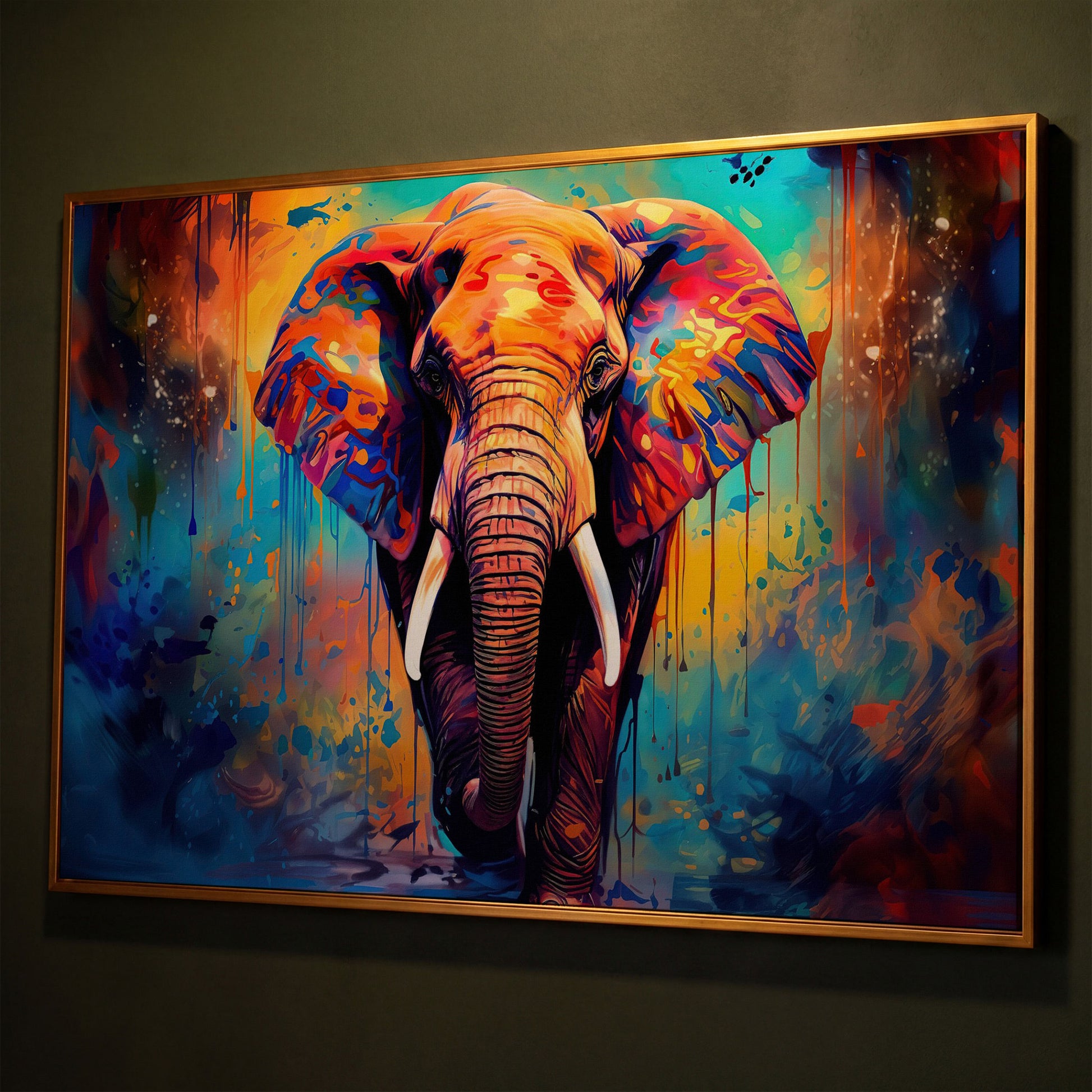 Colorful Elephant Canvas Print with Vibrant Graffiti Style shown in antique gold floating frame