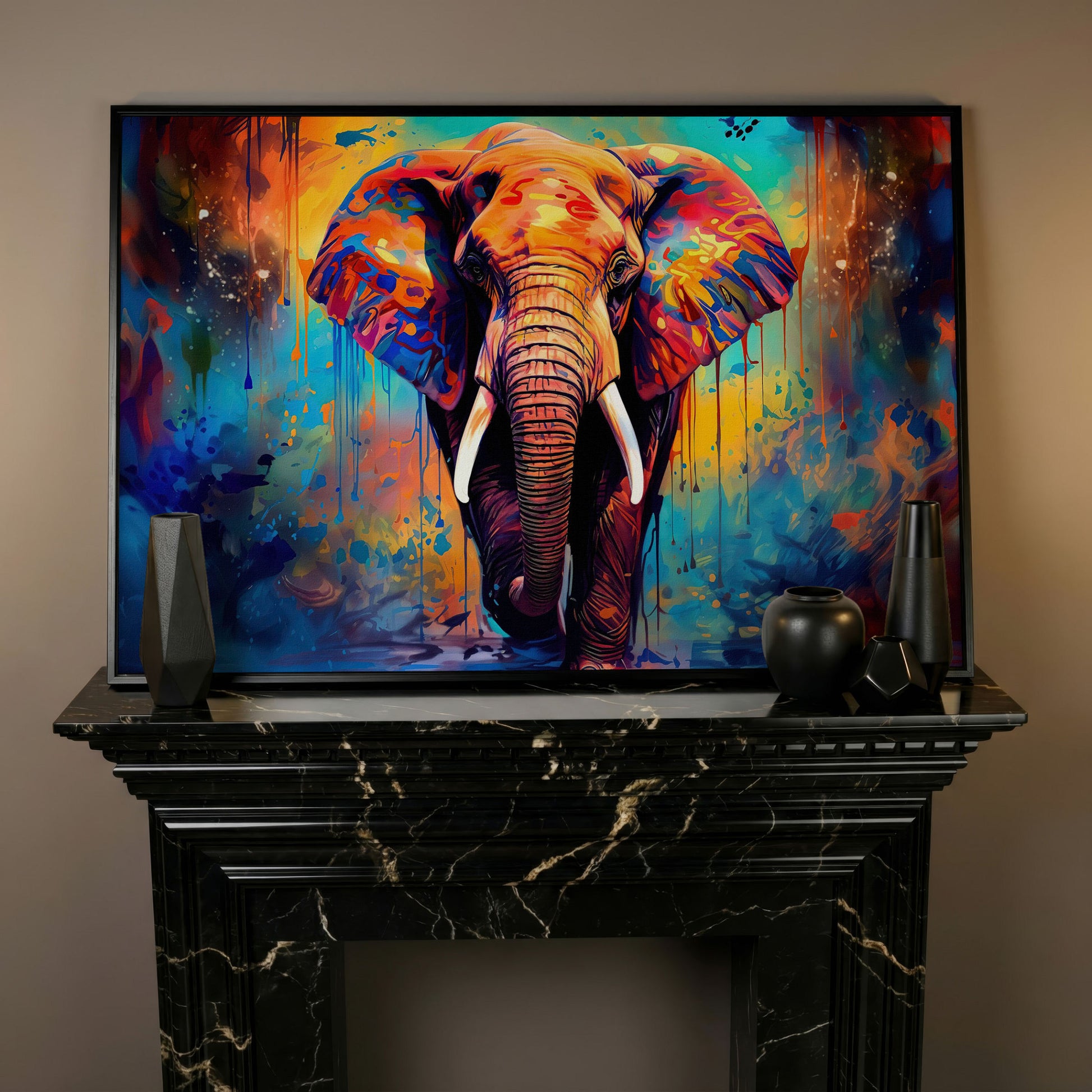 Colorful Elephant Canvas Print with Vibrant Graffiti Style in black floating frame
