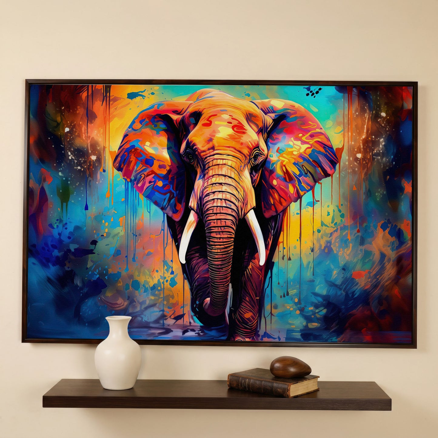 Colorful Elephant Canvas Print with Vibrant Graffiti Style in dark walnut floating frame
