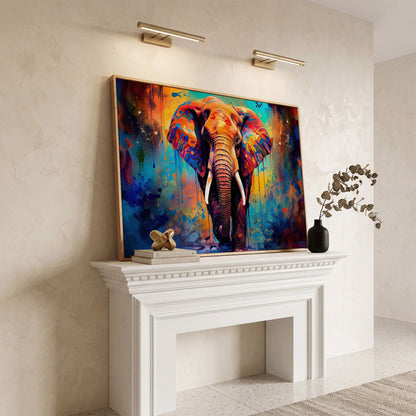 Colorful Elephant Canvas Print with Vibrant Graffiti Style in white oak floating frame