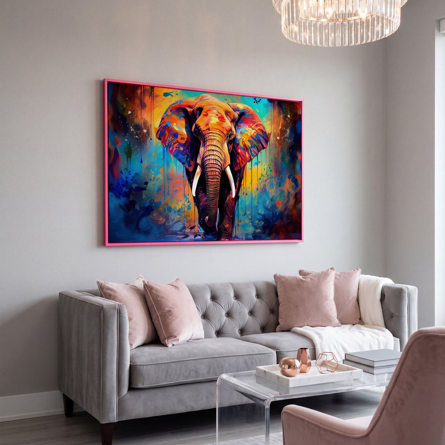 Colorful Elephant Canvas Print with Vibrant Graffiti Style in pink floating frame