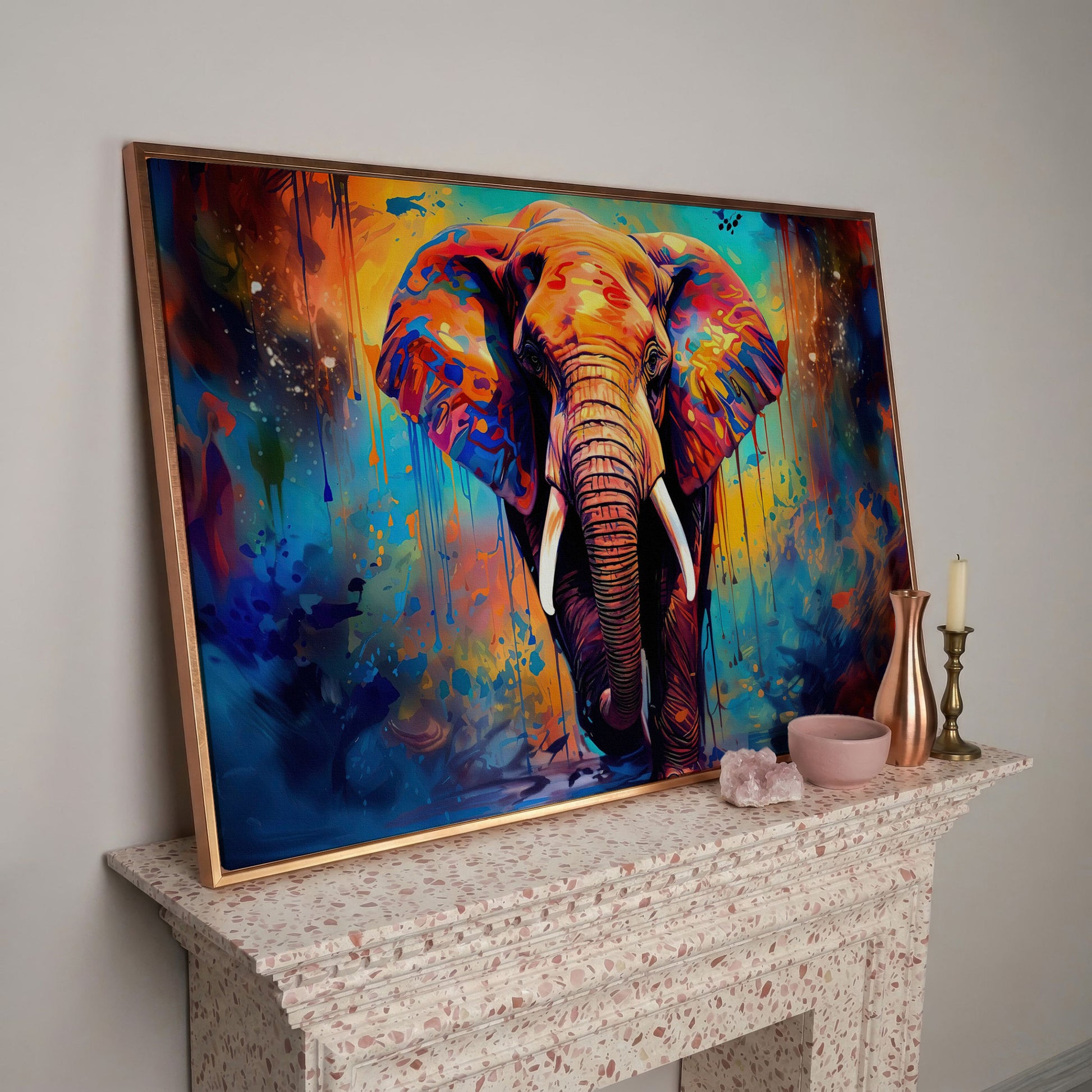 Colorful Elephant Canvas Print with Vibrant Graffiti Style in rose gold floating frame