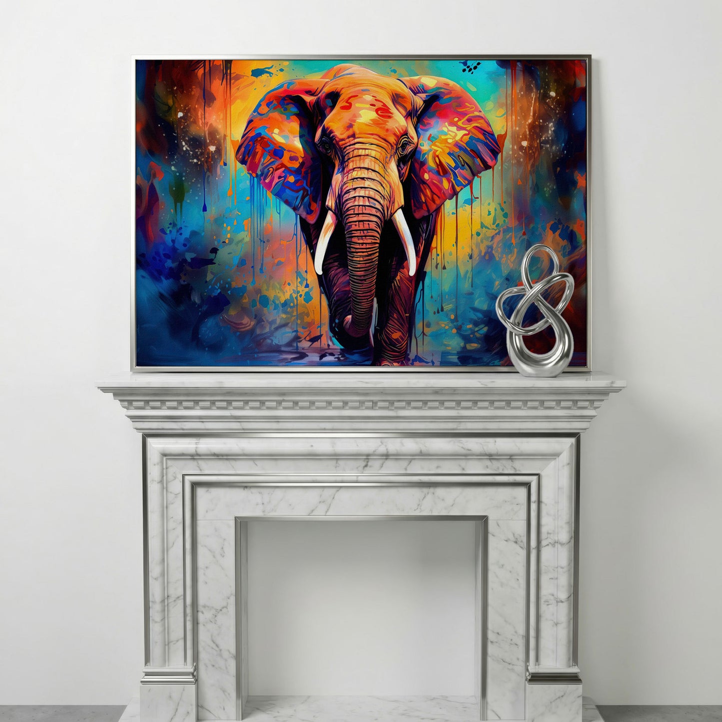 Colorful Elephant Canvas Print with Vibrant Graffiti Style in silver floating frame