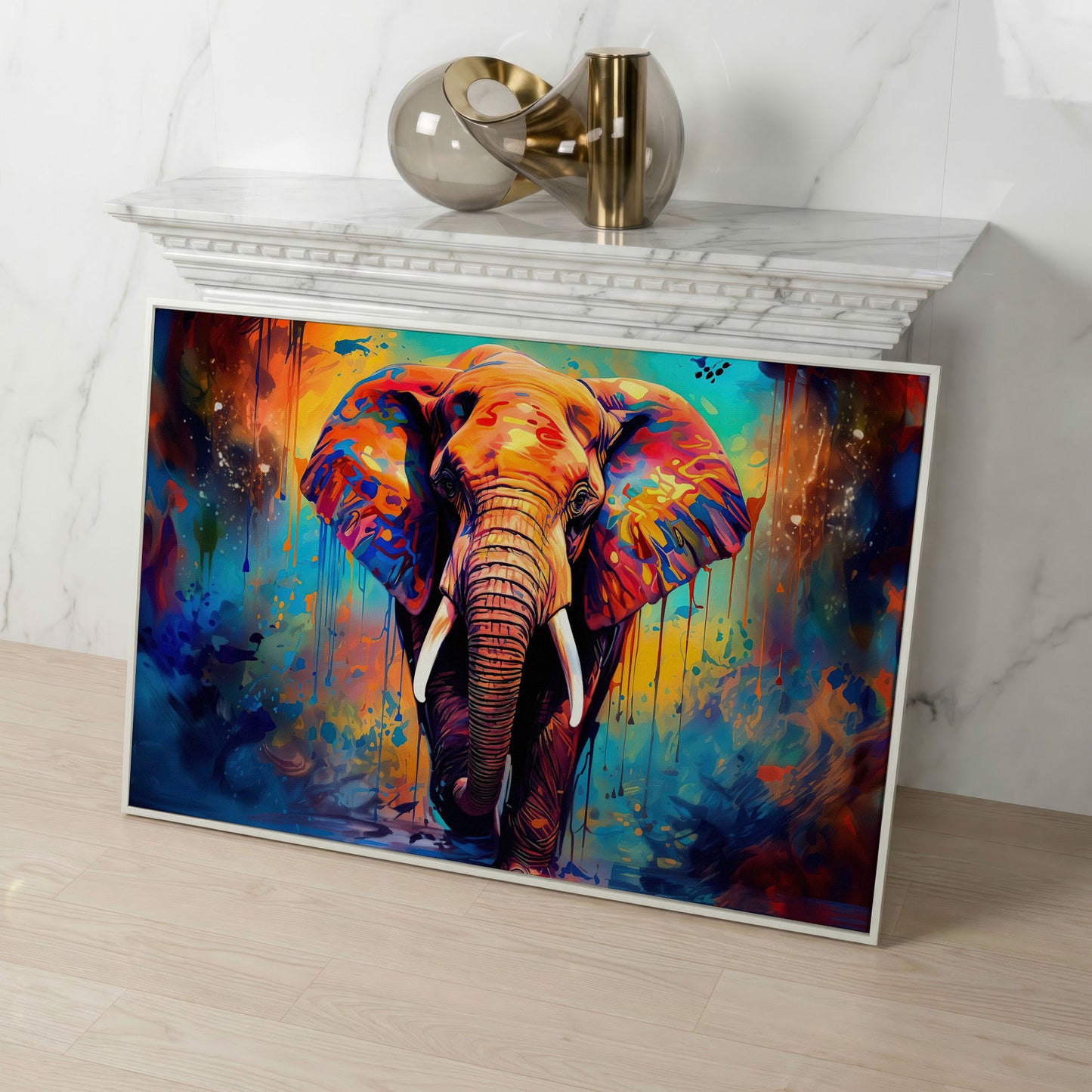 Colorful Elephant Canvas Print with Vibrant Graffiti Style in white floating frame