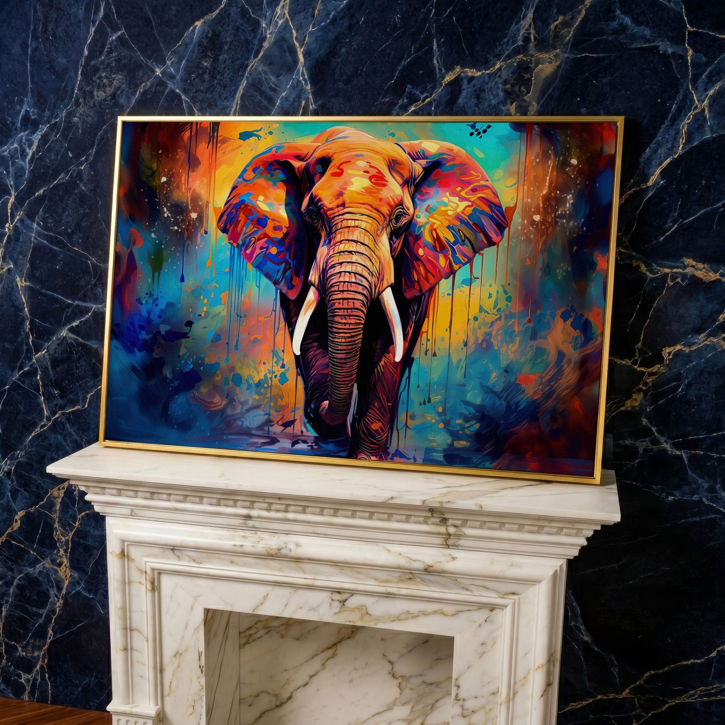 Colorful Elephant Canvas Print with Vibrant Graffiti Style in yellow gold floating frame
