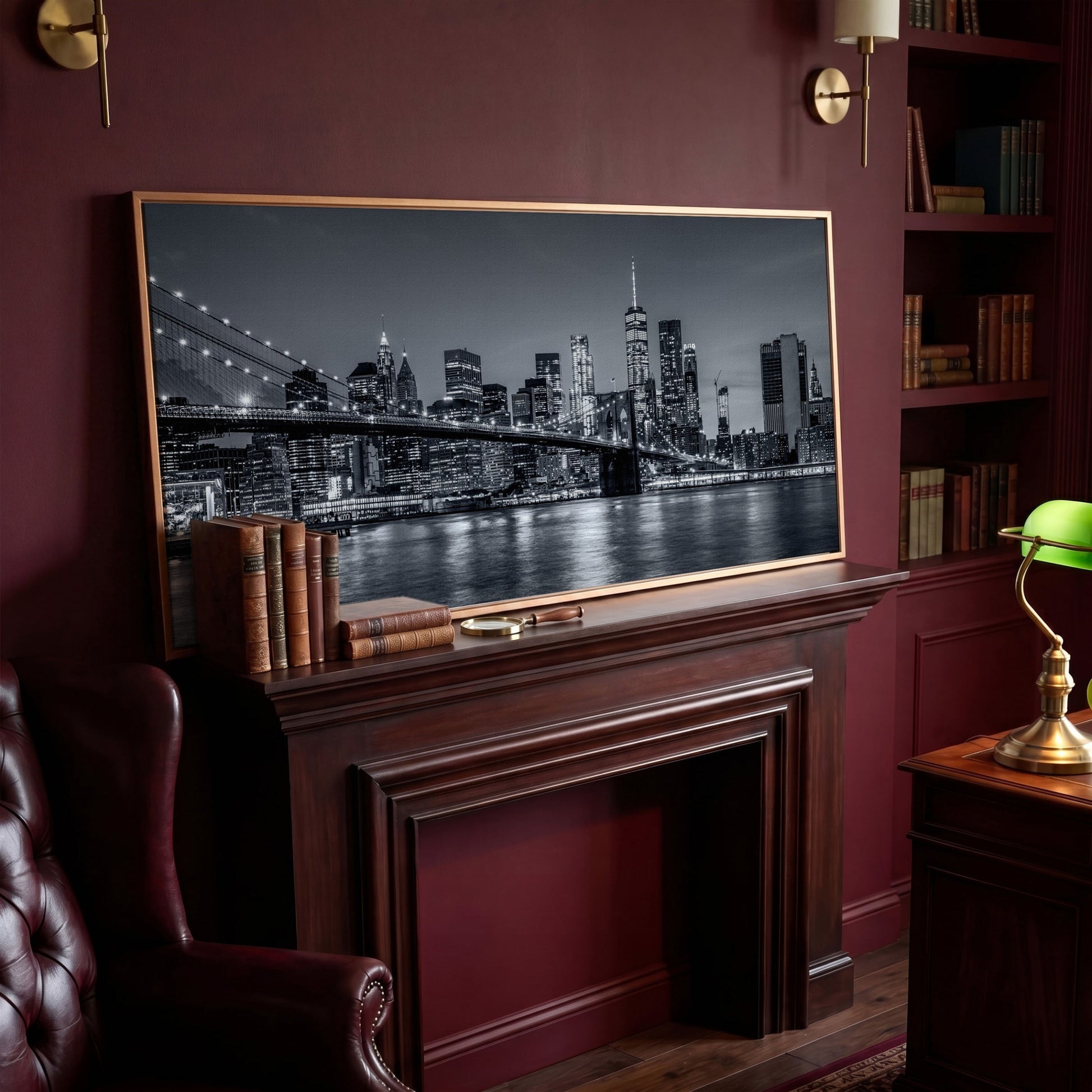 Black & White NYC Skyline Canvas in antique gold floating frame