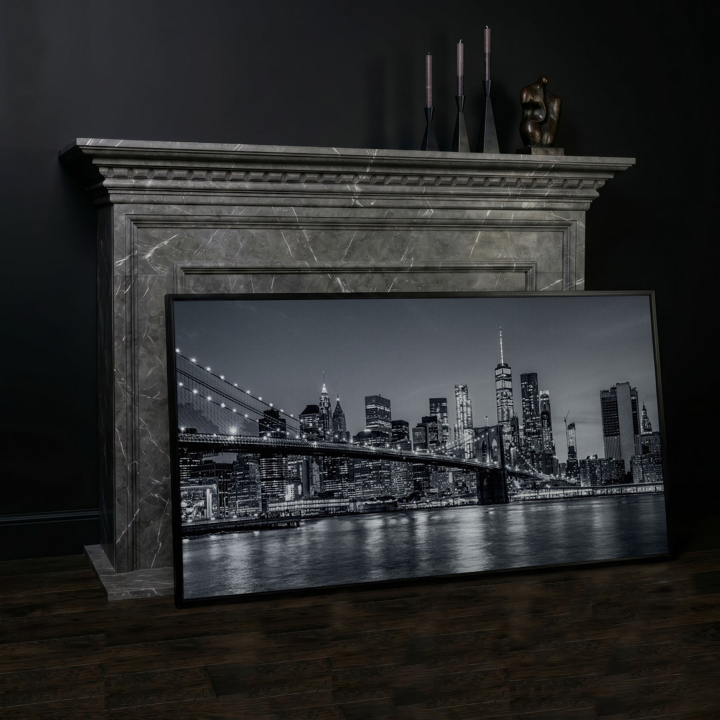 Black & White NYC Skyline Canvas in black floating frame