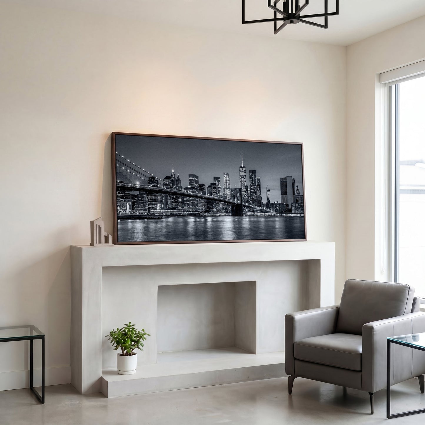 Black & White NYC Skyline Canvas in dark walnut floating frame