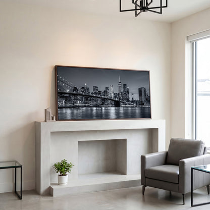 Black & White NYC Skyline Canvas in dark walnut floating frame