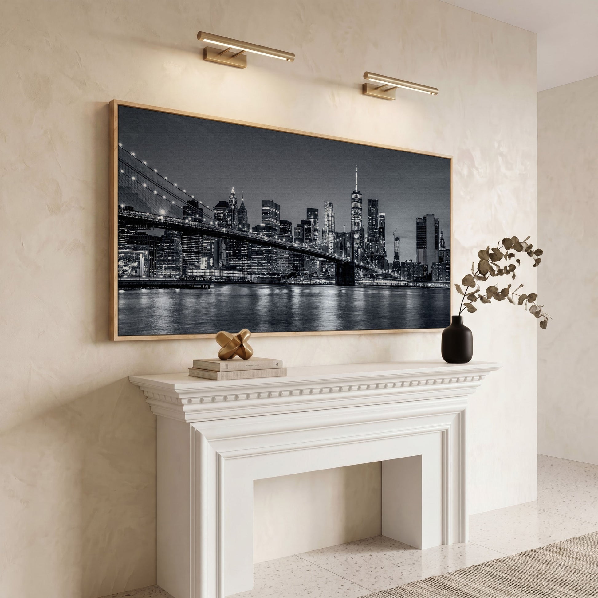 Black & White NYC Skyline Canvas in white oak floating frame