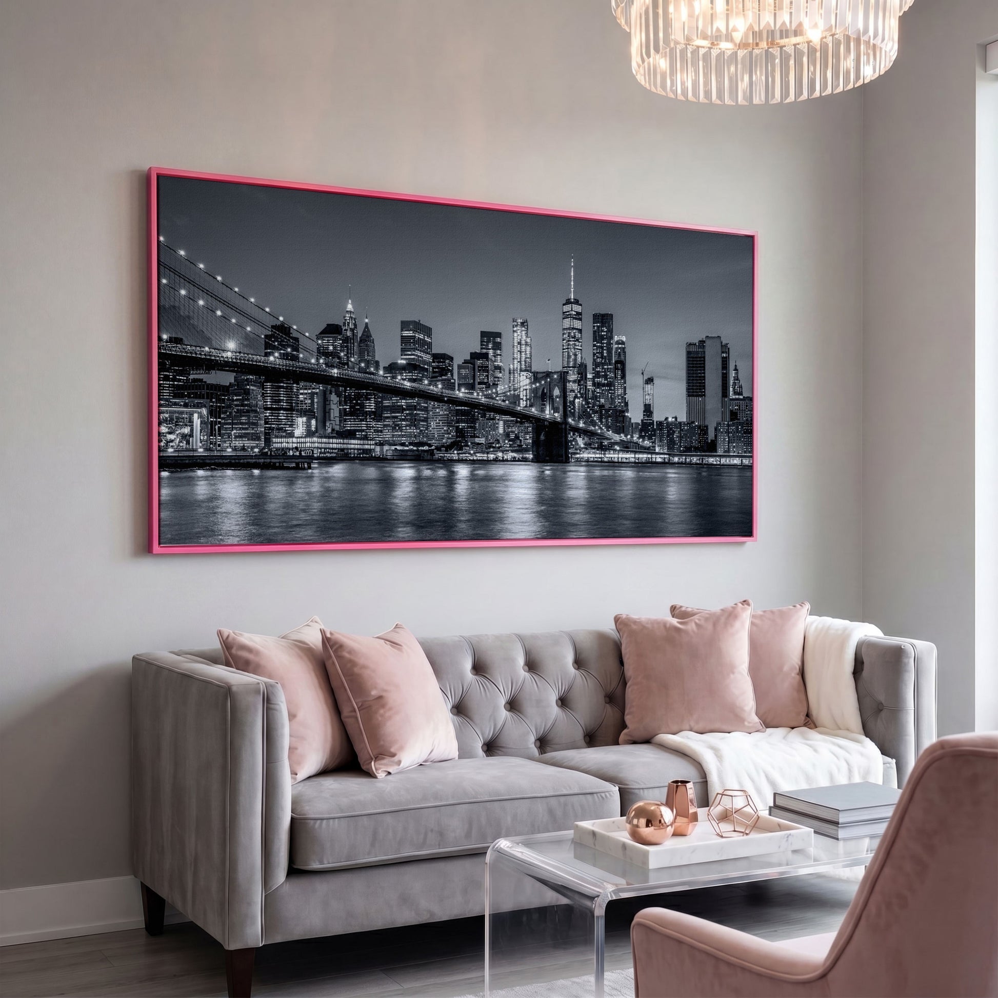 Black & White NYC Skyline Canvas in pink floating frame