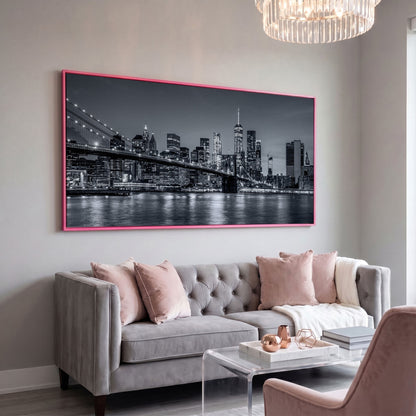 Black & White NYC Skyline Canvas in pink floating frame