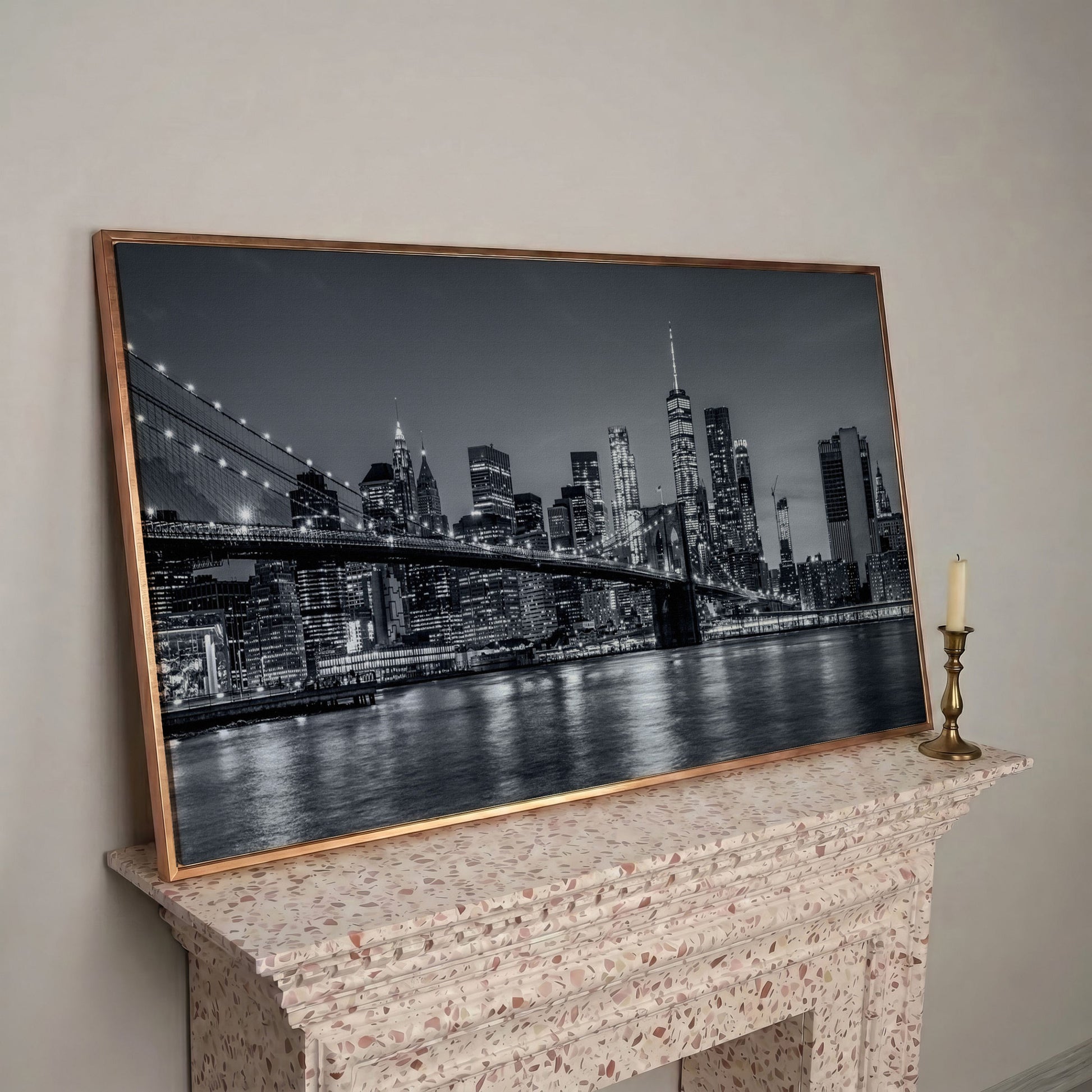 Black & White NYC Skyline Canvas in rose gold floating frame