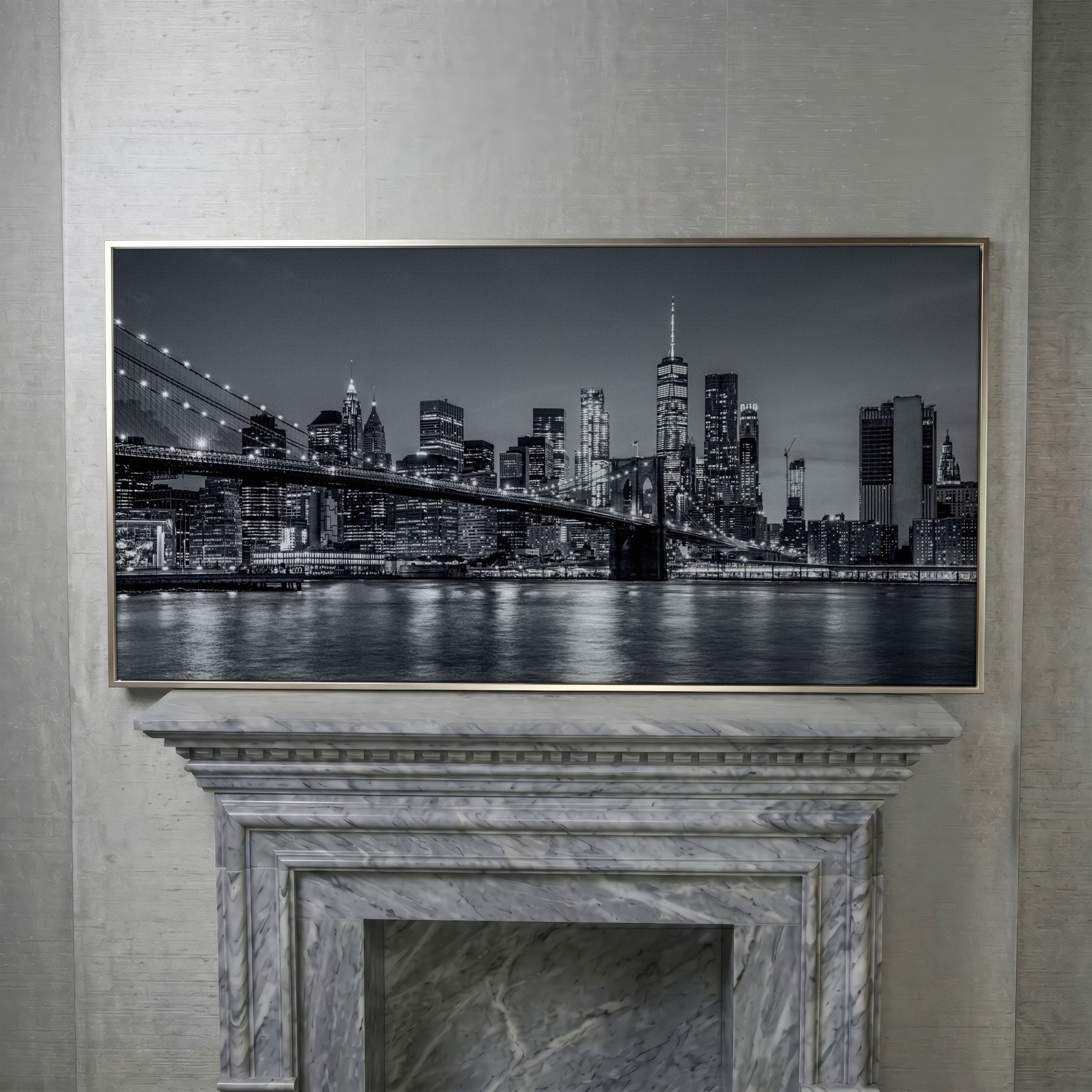 Black & White NYC Skyline Canvas in silver floating frame