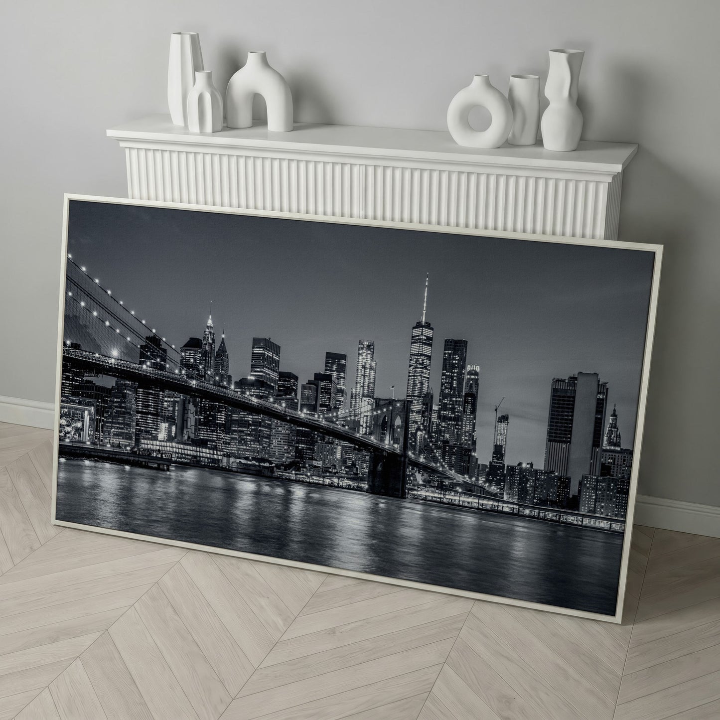 Black & White NYC Skyline Canvas in white floating frame