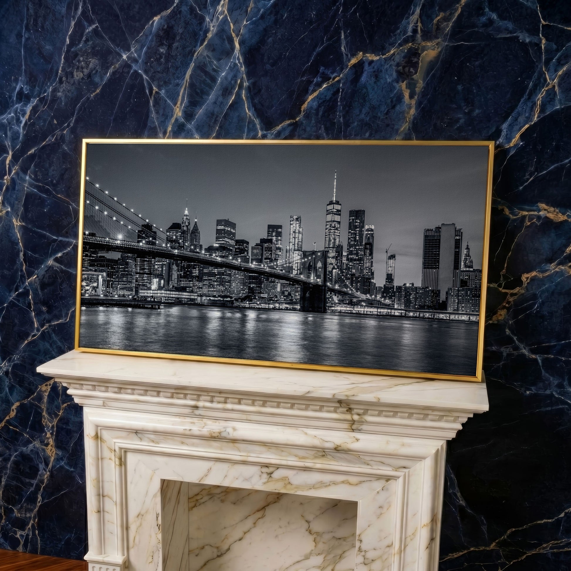 Black & White NYC Skyline Canvas in yellow gold floating frame