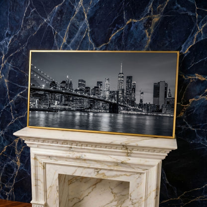 Black & White NYC Skyline Canvas in yellow gold floating frame
