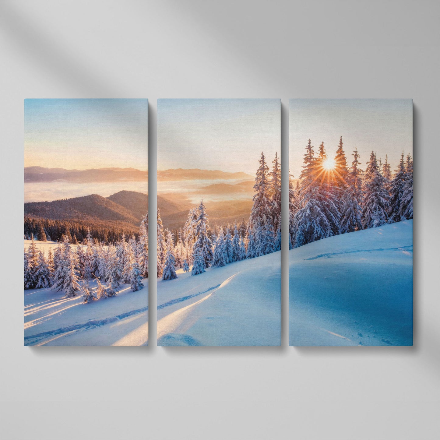 Snow-Covered Spruce Canvas Print, Winter Carpathian Landscape as 3-panel split version