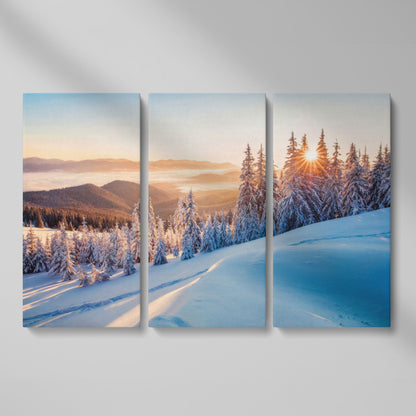 Snow-Covered Spruce Canvas Print, Winter Carpathian Landscape as 3-panel split version