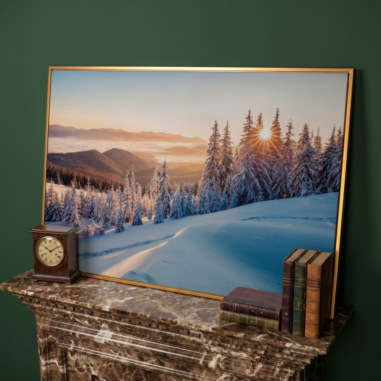 Snow-Covered Spruce Canvas Print, Winter Carpathian Landscape in antique gold floating frame