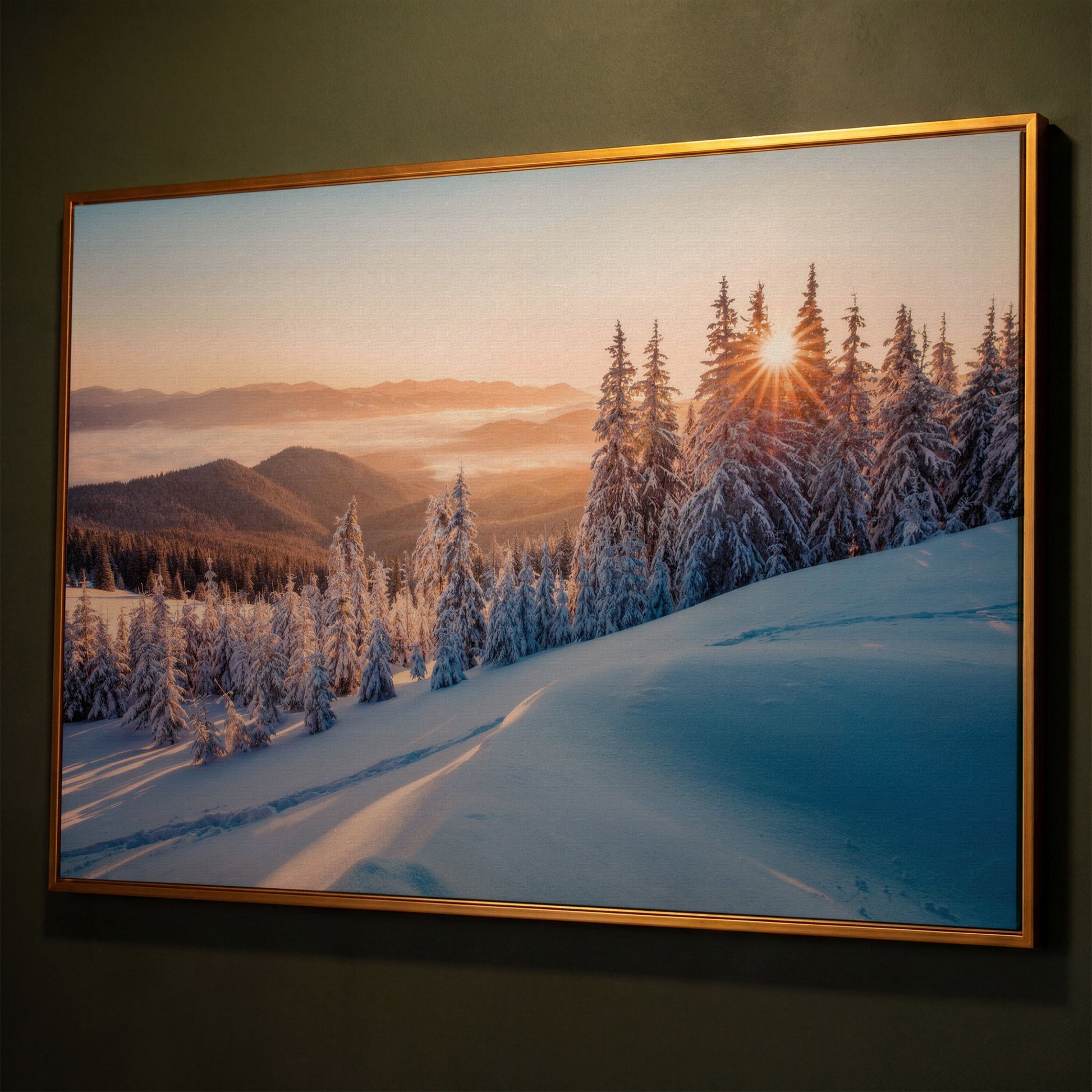 Snow-Covered Spruce Canvas Print, Winter Carpathian Landscape shown in antique gold floating frame