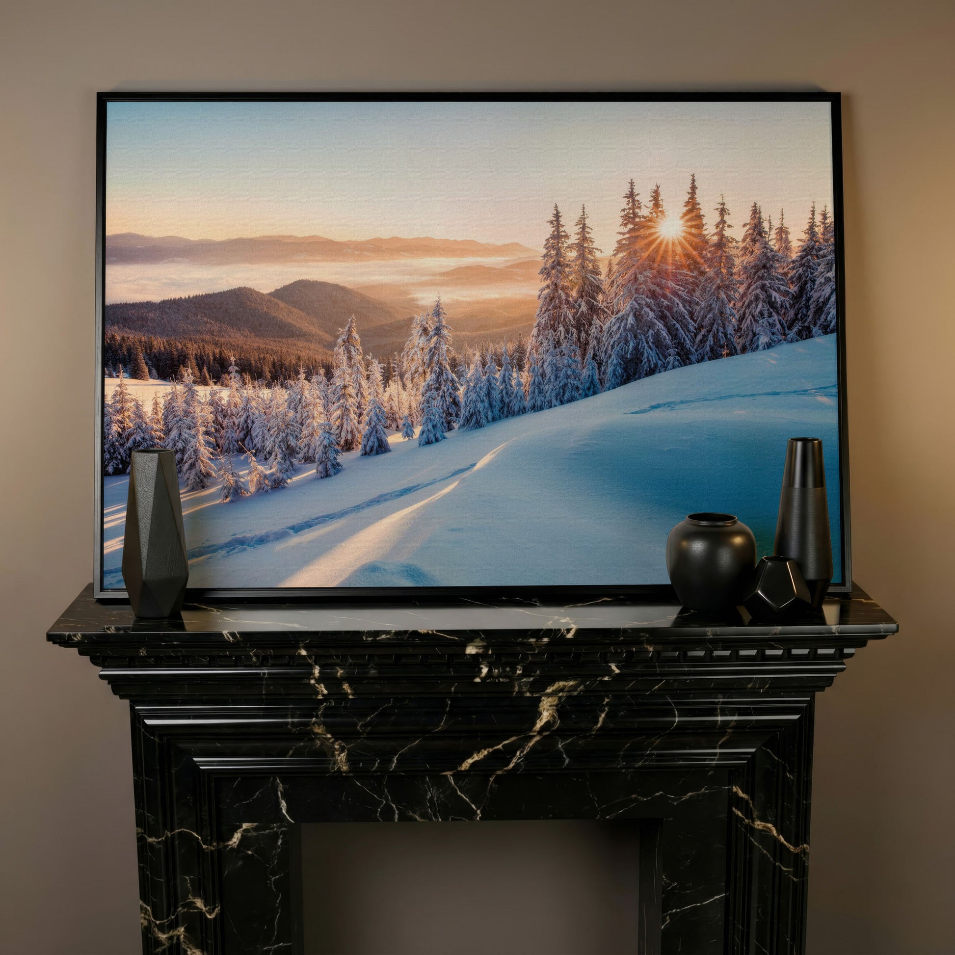 Snow-Covered Spruce Canvas Print, Winter Carpathian Landscape in black floating frame