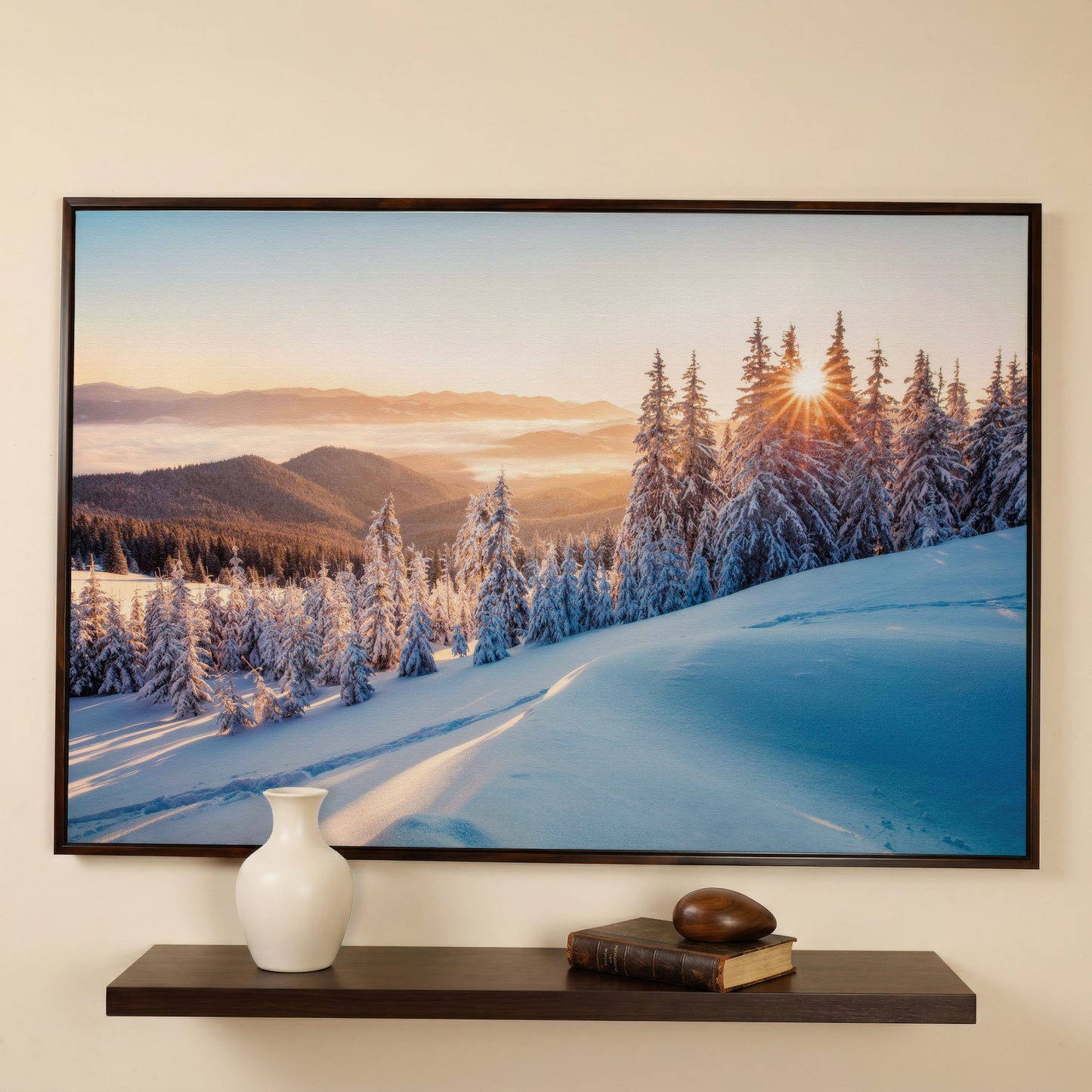 Snow-Covered Spruce Canvas Print, Winter Carpathian Landscape in dark walnut floating frame