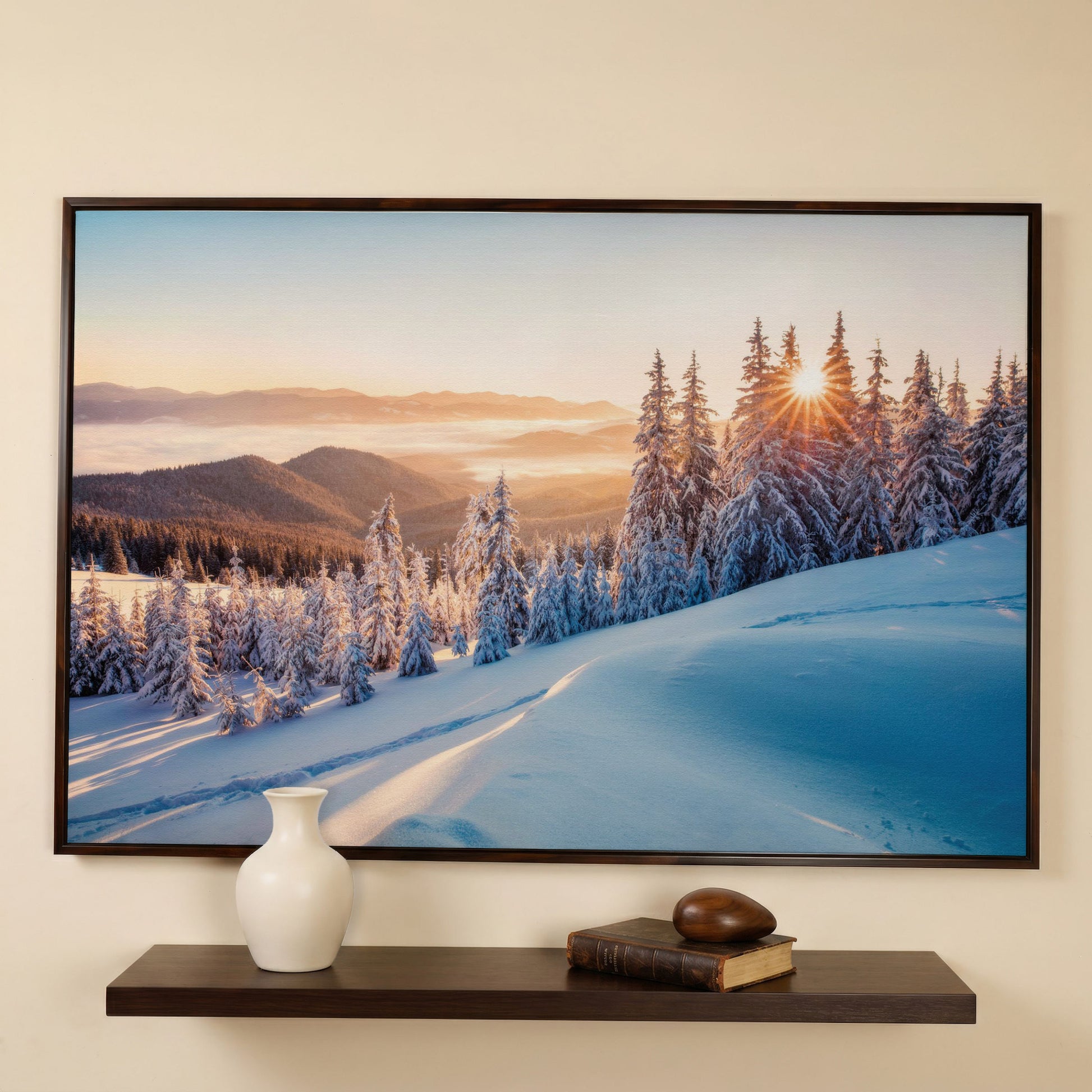 Snow-Covered Spruce Canvas Print, Winter Carpathian Landscape in dark walnut floating frame
