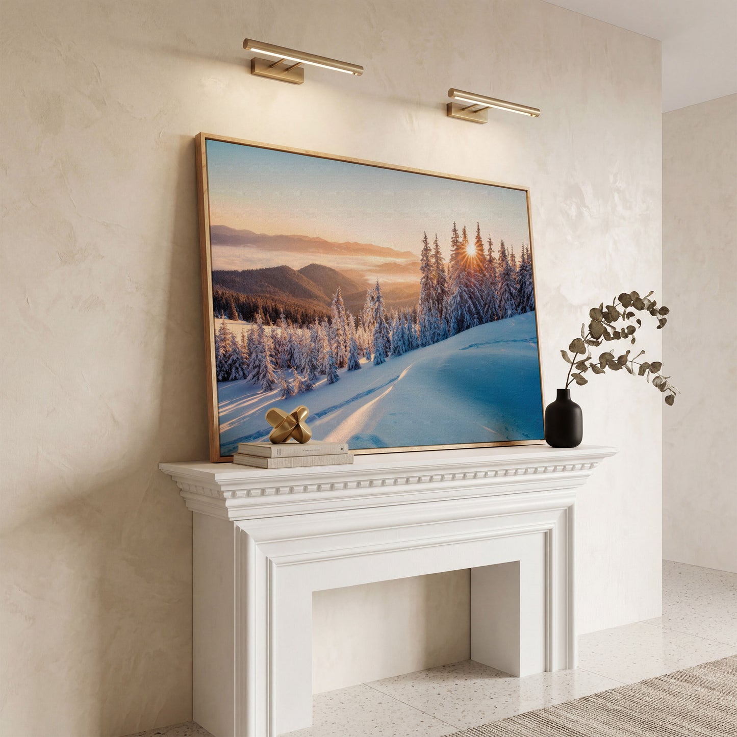 Snow-Covered Spruce Canvas Print, Winter Carpathian Landscape in white oak floating frame