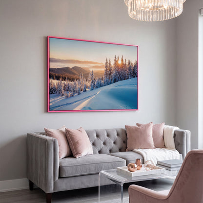 Snow-Covered Spruce Canvas Print, Winter Carpathian Landscape in pink floating frame