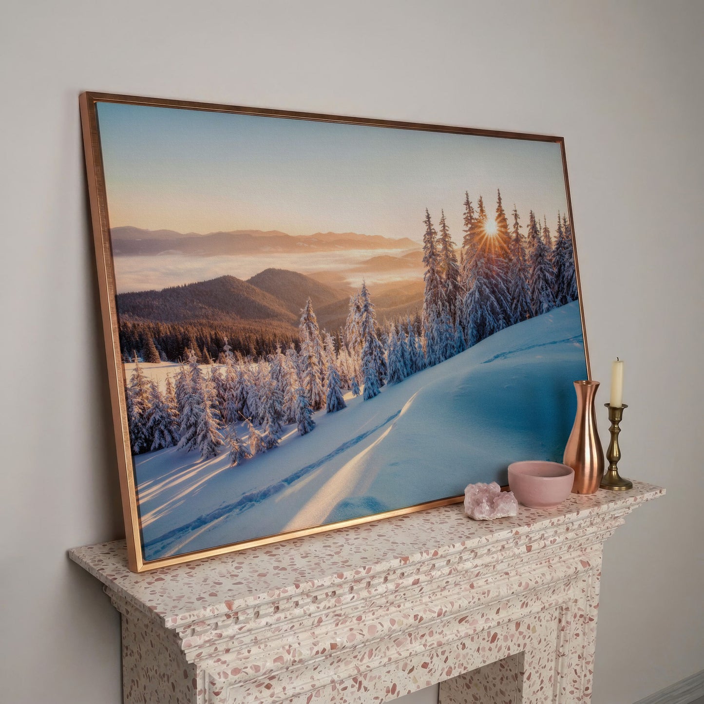 Snow-Covered Spruce Canvas Print, Winter Carpathian Landscape in rose gold floating frame
