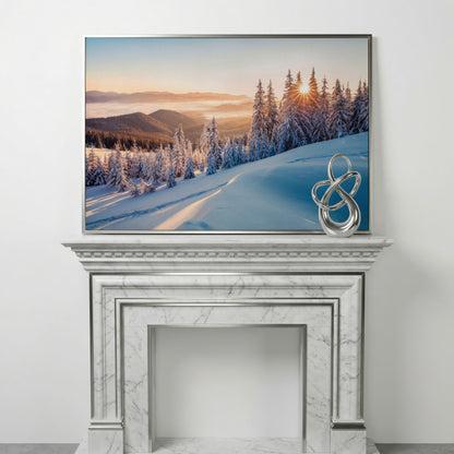 Snow-Covered Spruce Canvas Print, Winter Carpathian Landscape in silver floating frame