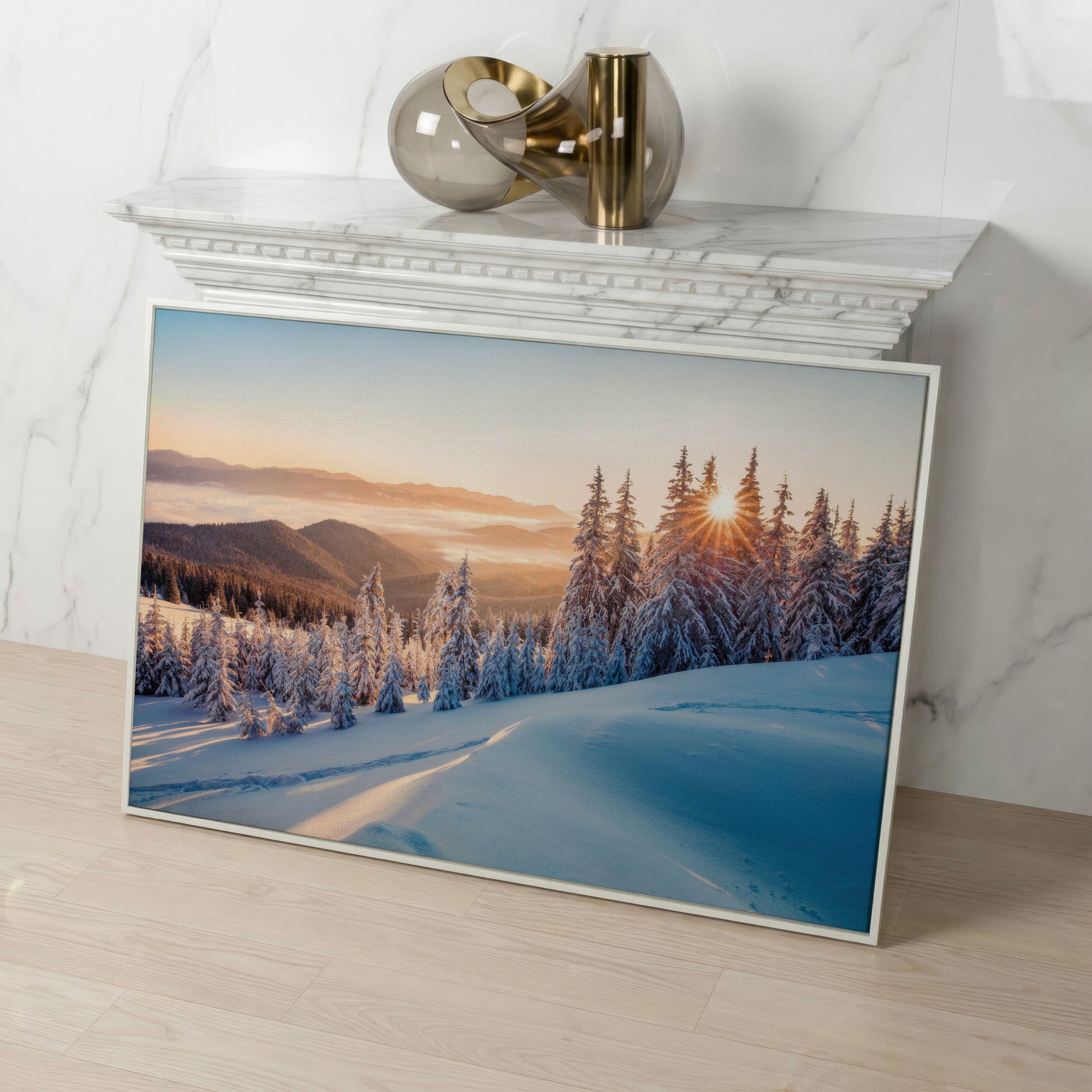 Snow-Covered Spruce Canvas Print, Winter Carpathian Landscape in white floating frame