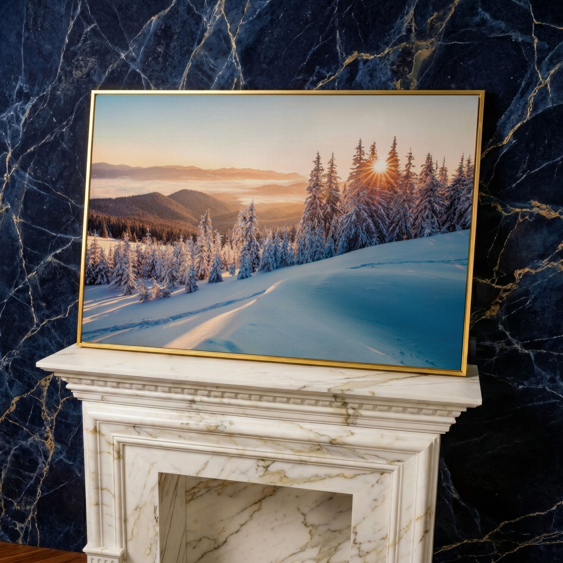 Snow-Covered Spruce Canvas Print, Winter Carpathian Landscape in yellow gold floating frame