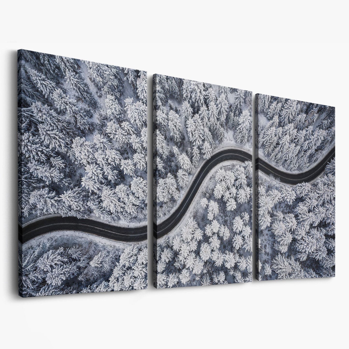 Curvy Winter Road in Snowy Forest Canvas as 3-panel split version
