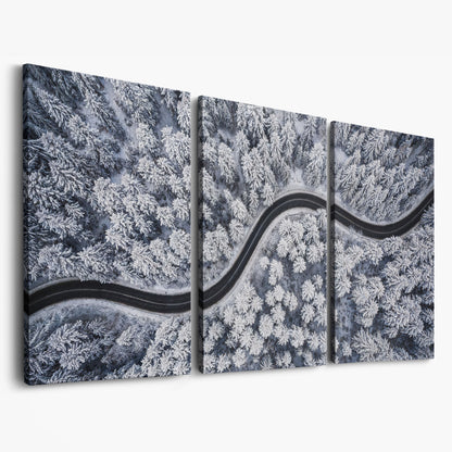 Curvy Winter Road in Snowy Forest Canvas as 3-panel split version