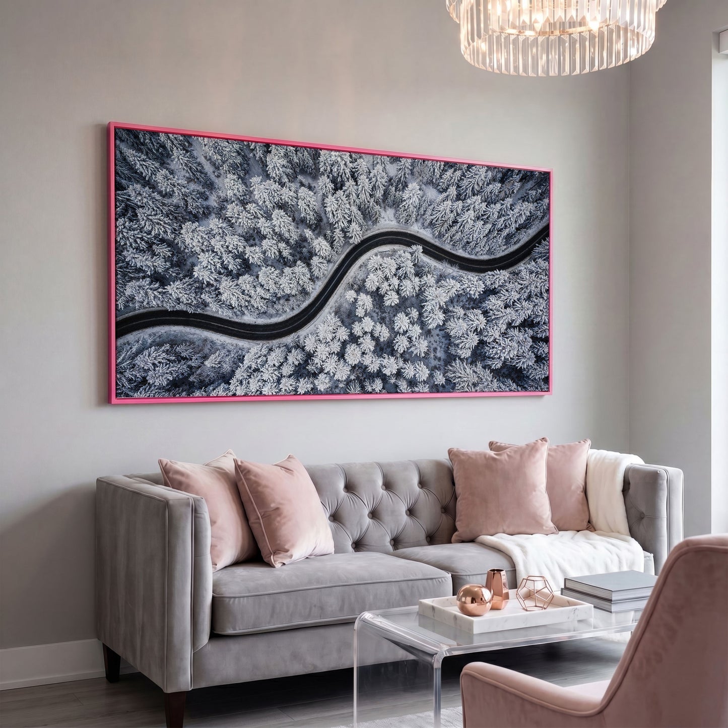 Curvy Winter Road in Snowy Forest Canvas in pink floating frame