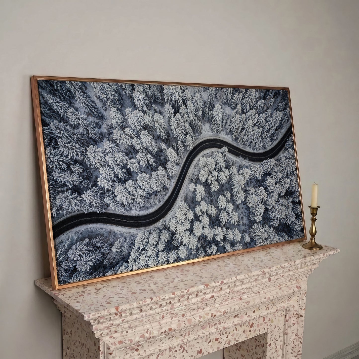 Curvy Winter Road in Snowy Forest Canvas in rose gold floating frame