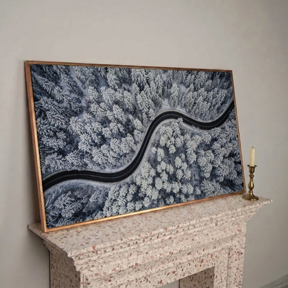 Curvy Winter Road in Snowy Forest Canvas in rose gold floating frame