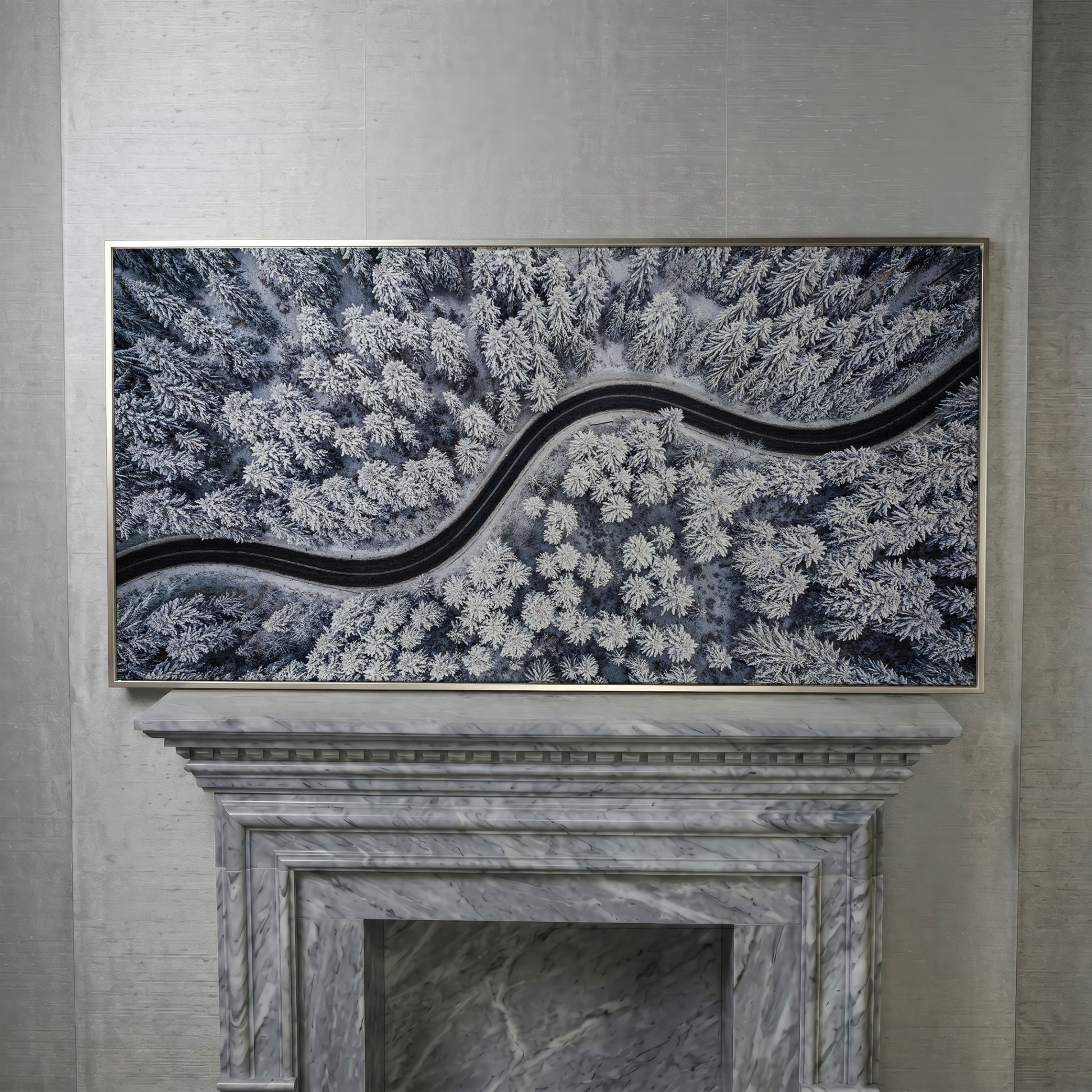 Curvy Winter Road in Snowy Forest Canvas in silver floating frame