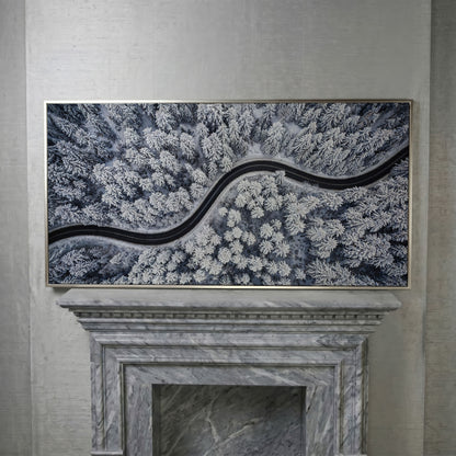 Curvy Winter Road in Snowy Forest Canvas in silver floating frame