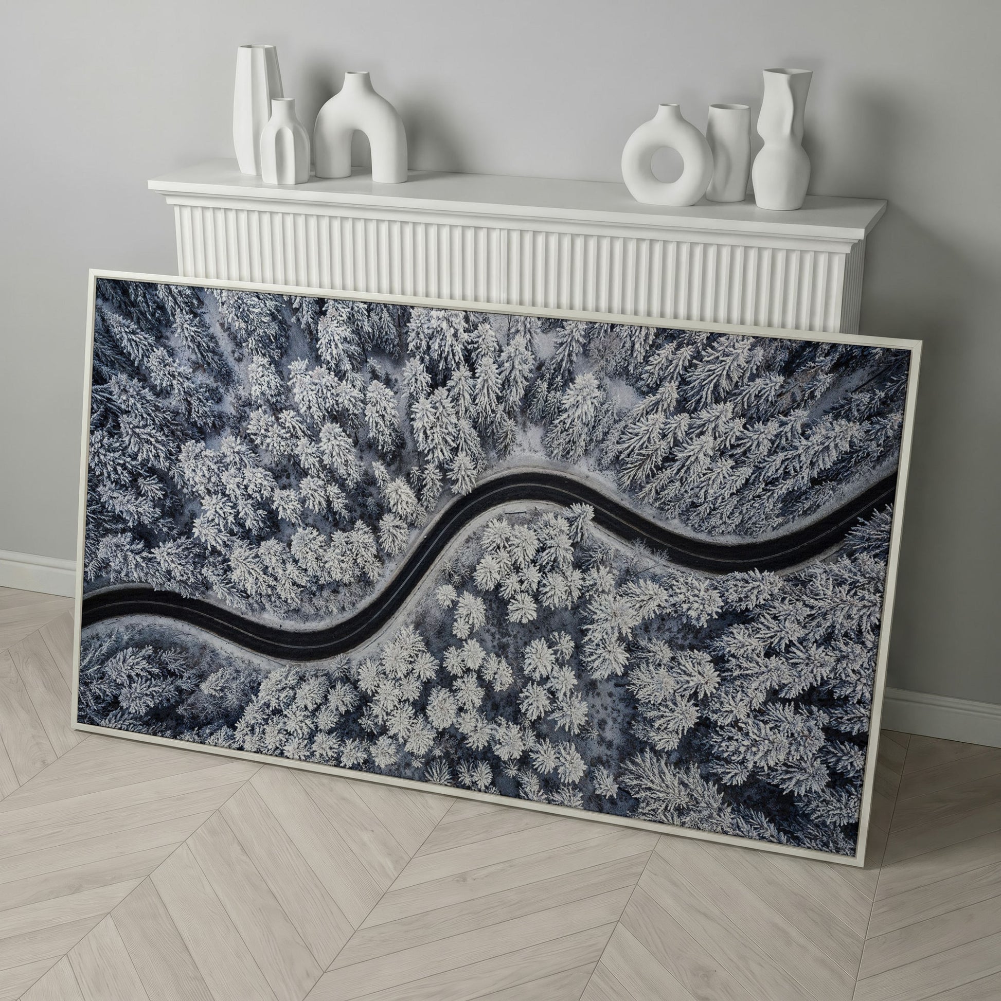 Curvy Winter Road in Snowy Forest Canvas in white floating frame