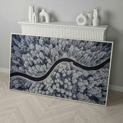 Curvy Winter Road in Snowy Forest Canvas in white floating frame