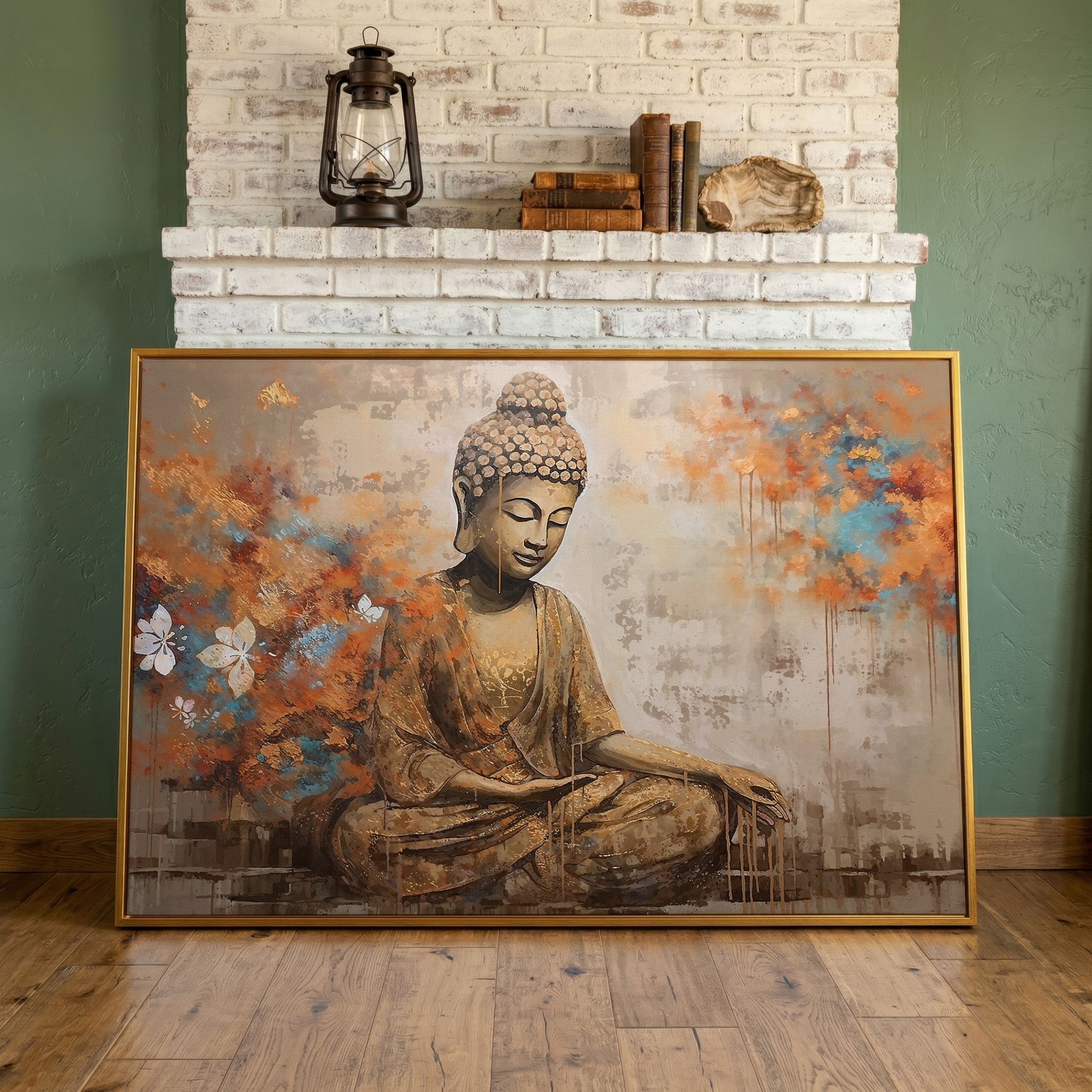 Seated Buddha with Floral Motifs. Meditative Canvas Wall Art in antique gold floating frame