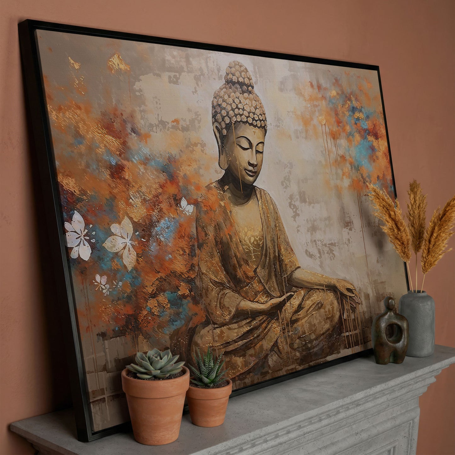 Seated Buddha with Floral Motifs. Meditative Canvas Wall Art in black floating frame