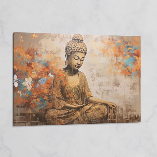 Seated Buddha with Floral Motifs. Meditative Canvas Wall Art on gallery wrap