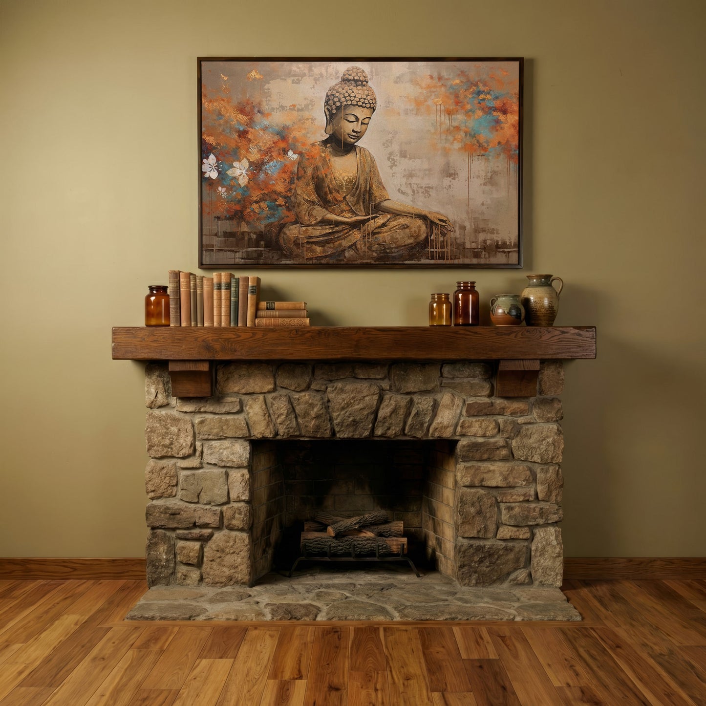 Seated Buddha with Floral Motifs. Meditative Canvas Wall Art in dark walnut floating frame