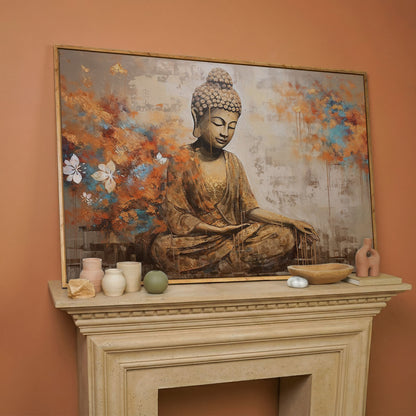 Seated Buddha with Floral Motifs. Meditative Canvas Wall Art in white oak floating frame
